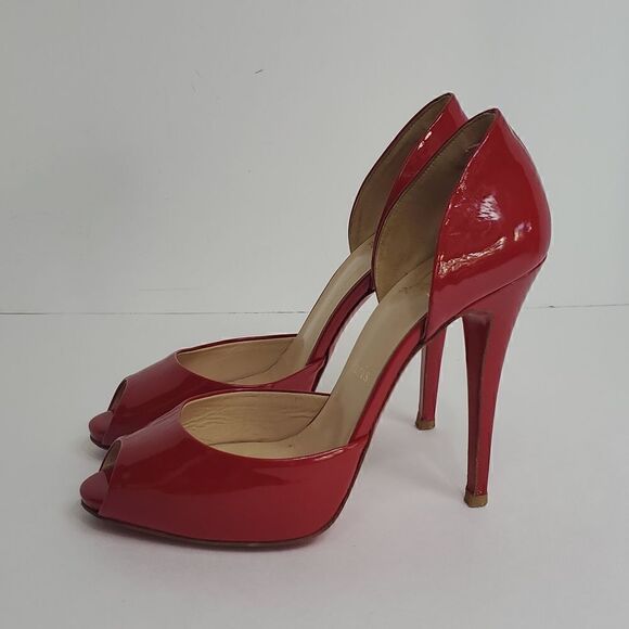 Christian Louboutin Patent Peep Toe Red Heels Size 37.5 - Picture 3 of 14
